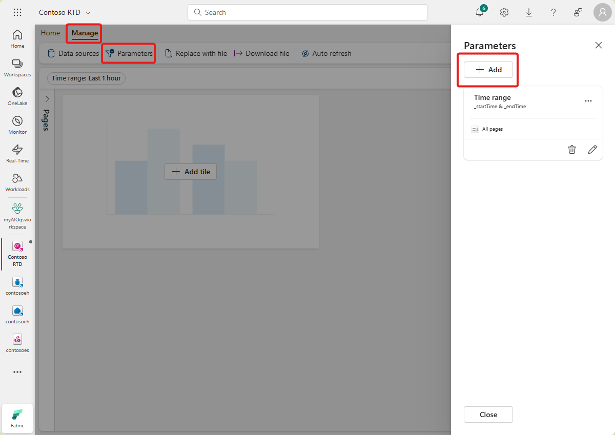Schermopname van het toevoegen van een parameter aan een dashboard.
