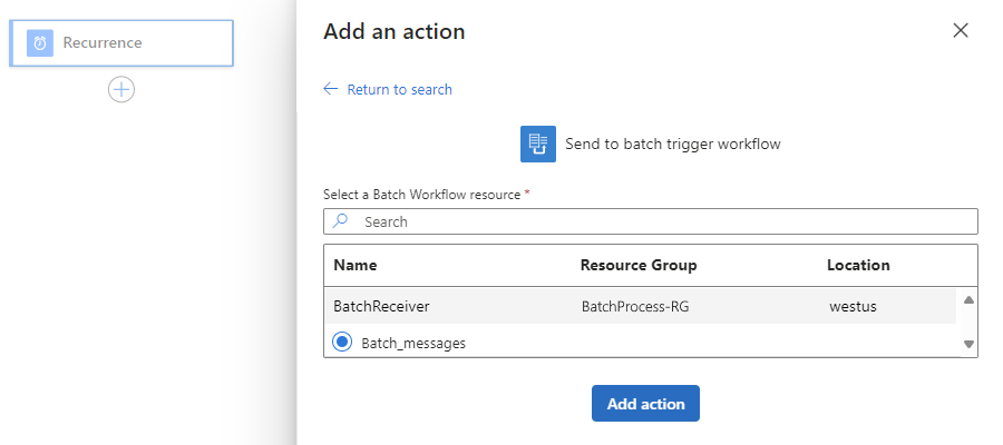 Schermopname toont de werkstroom Verbruik met de Herhalingstrigger en de actie van een batchzender die een batchontvanger logische app-resource en trigger selecteert.