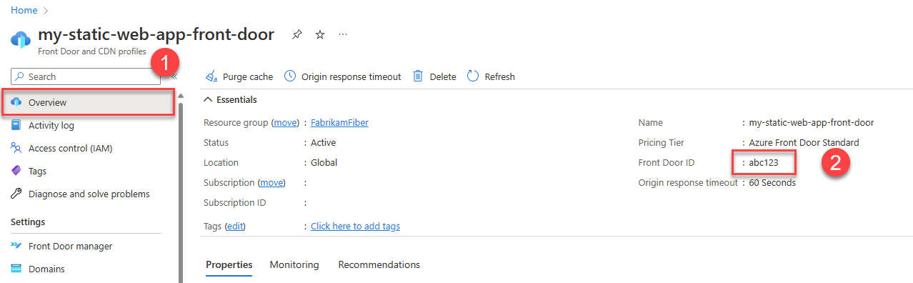 Schermopname van gemarkeerd item van het overzicht en gemarkeerd Front Door ID-nummer.