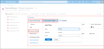 Afbeelding van het tabblad Overzicht van Projectverkenner in Azure Portal waarin het gebruik van filters wordt geïllustreerd.