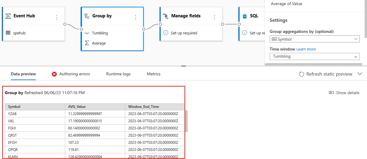 Schermopname van de voorbeeldweergave van de gegevens voor de operator group by.