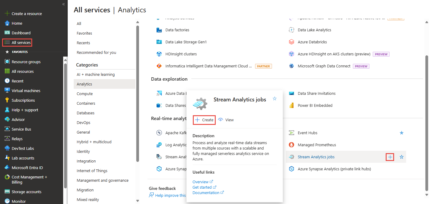 Schermopname van het menu Stream Analytics-taak.