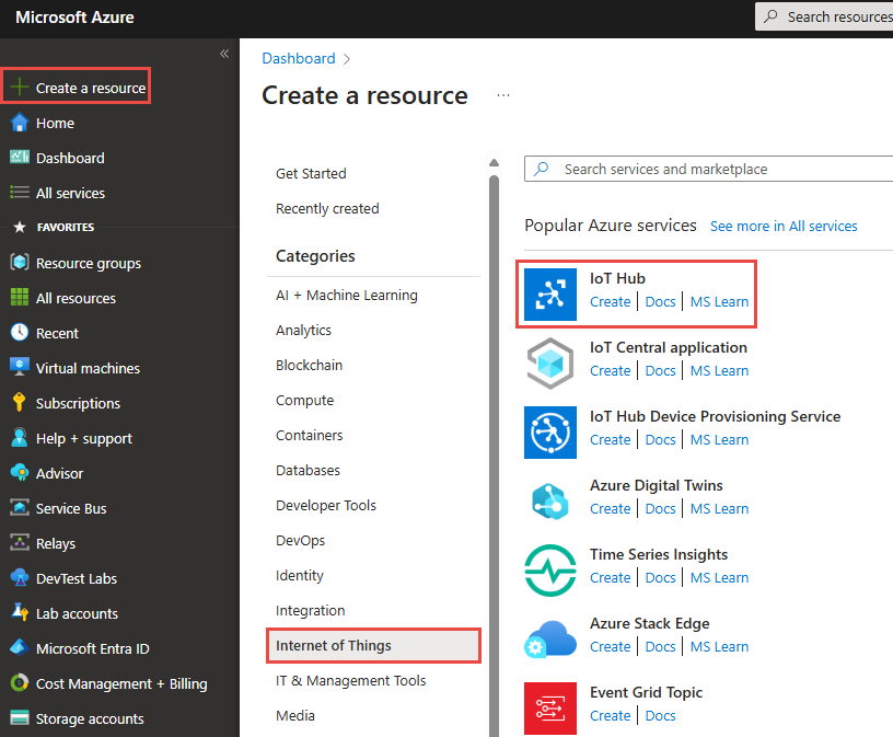 Schermopname van het menu IoT Hub op de pagina Een resource maken.