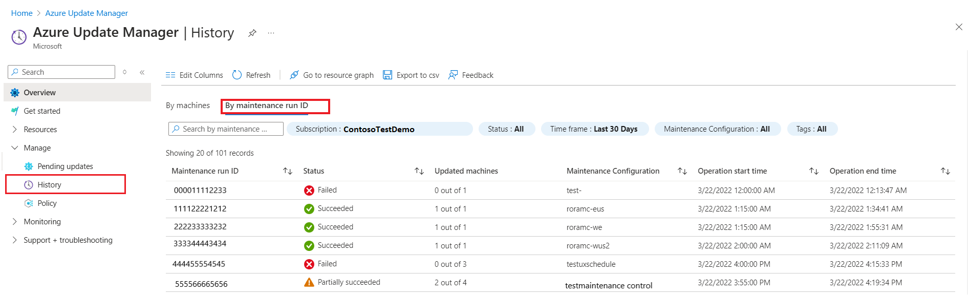Schermopname die de Geschiedenis-pagina van het updatecentrum toont op basis van onderhoudsrun-ID in de Azure-portal.
