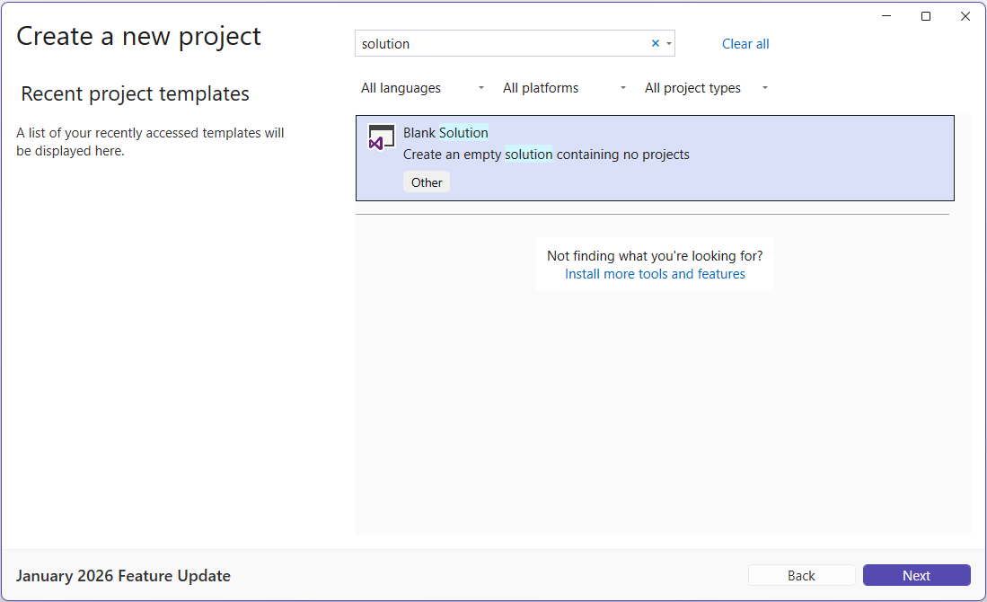lege oplossingssjabloon in Visual Studio