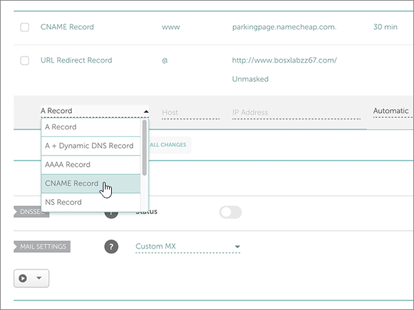 Selecteer CNAME-record.