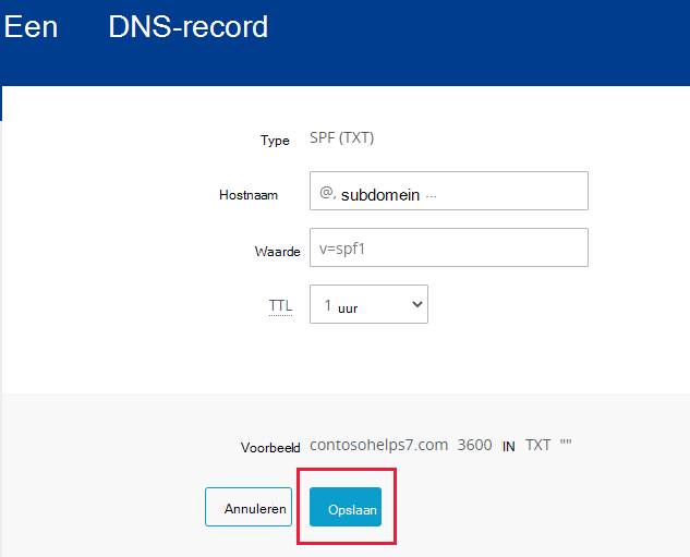 Schermopname van waar u Opslaan selecteert om een SPF TXT-record toe te voegen.