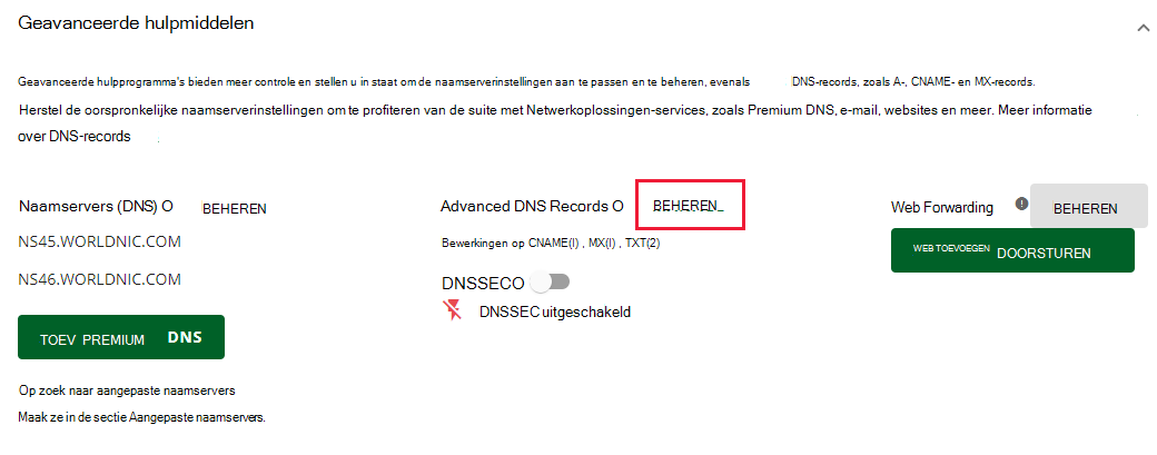 Selecteer beheren naast Geavanceerde DNS-records.