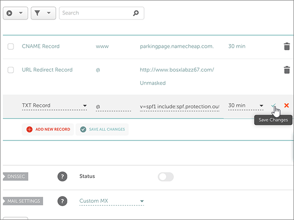 Schermopname van het besturingselement Wijzigingen opslaan voor de SPF TXT-record.