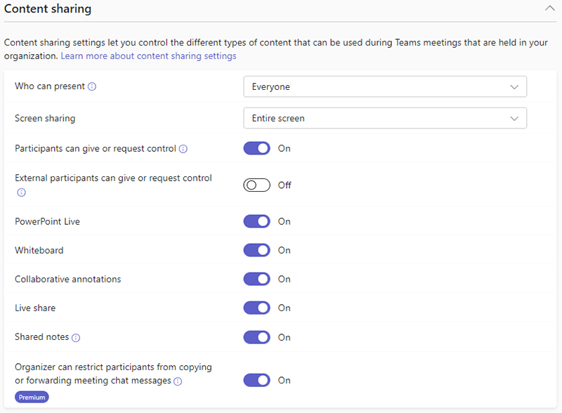 Screenshot of Teams meeting content sharing policies in the Teams admin center.