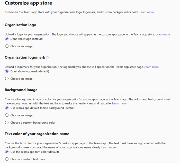 Screenshot of Teams customize app store policies in the Teams admin center.