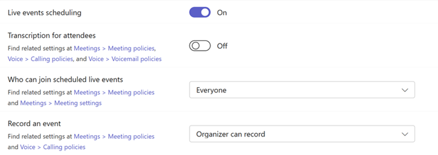 Screenshot of Teams live events policies in the Teams admin center.