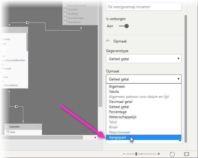 Schermopname van Power BI Desktop in de modelweergave, waarbij Aangepast wordt gemarkeerd in het dropdownmenu Opmaak.