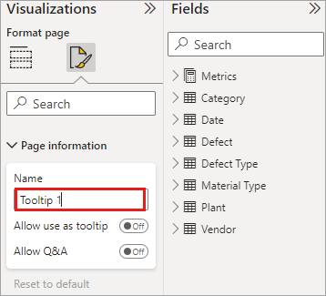 Schermopname van het benoemen van de rapportpagina voor tooltips.