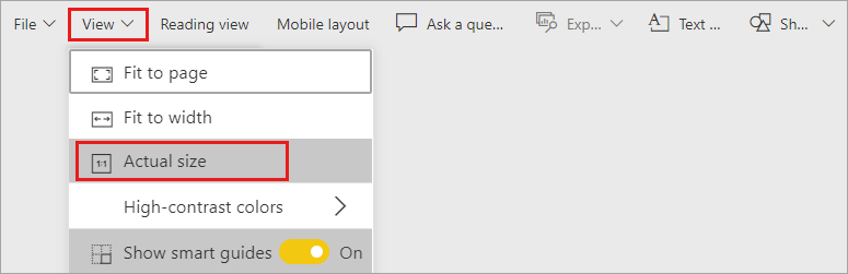 Schermopname van de vervolgkeuzelijst voor weergave van de pagina om de werkelijke grootte weer te geven voor het eenvoudiger creëren van tooltips.