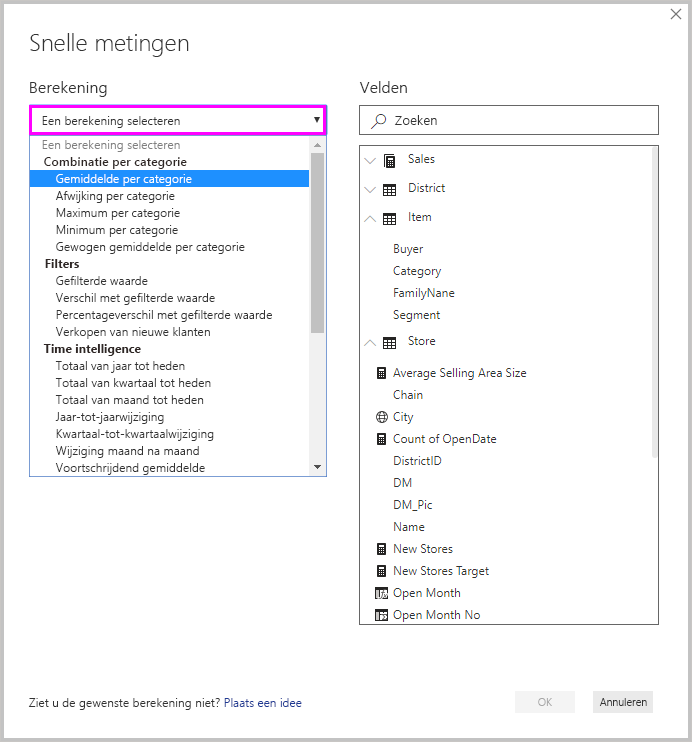 Schermopname van het Snelle metingen-scherm en de vervolgkeuzelijst Een berekening selecteren.