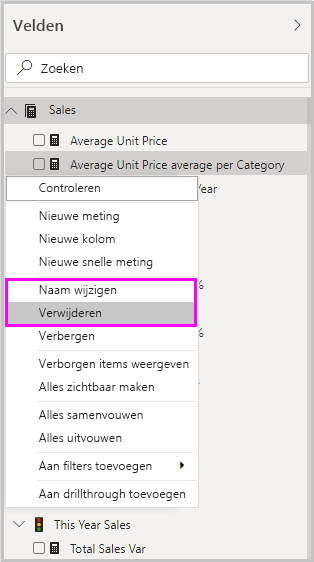 Schermopname van de opties om een snelle maatregel te verwijderen of te hernoemen in een vervolgkeuzemenu.