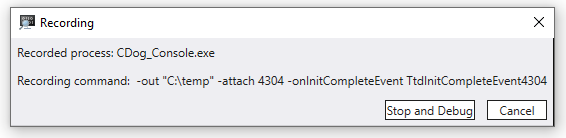 Schermopname van de pop-up van de TTD-opname met de opties Stoppen en Fouten opsporen en Annuleren.