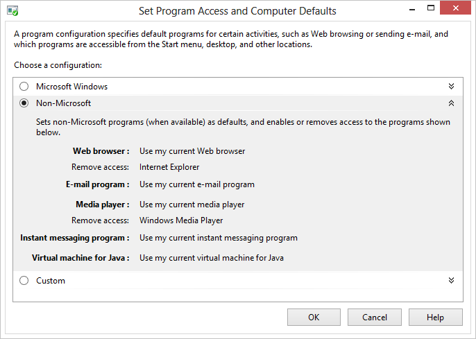 schermafbeelding van de ingestelde programmatoegang en de standaardinstellingen voor niet-Microsoft-opties
