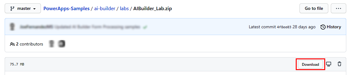 Schermopname van het downloadscherm met AIBuilder_Lab.zip.
