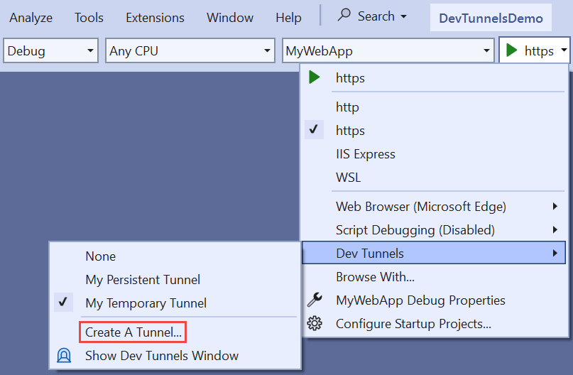 Debugging dropdown-menu met de optie Dev Tunnels en Tunnel maken geselecteerd