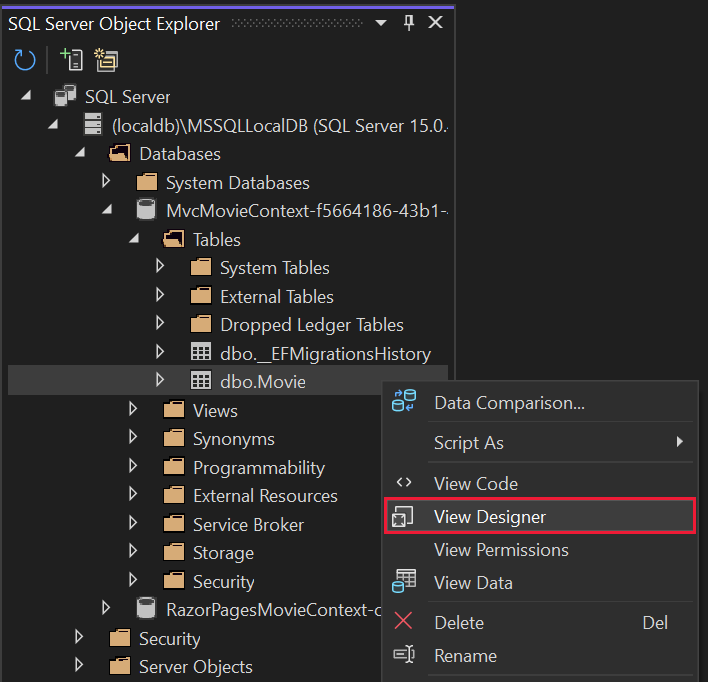 klik met de rechtermuisknop op de filmtabel > Weergaveontwerper.