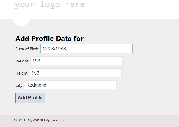 Screenshot of the Add Profile Data page to add profile information for the user.