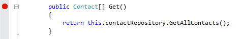 Placing a breakpoint on the Get method of the API controller Placing a breakpoint on the Get method of the API controller