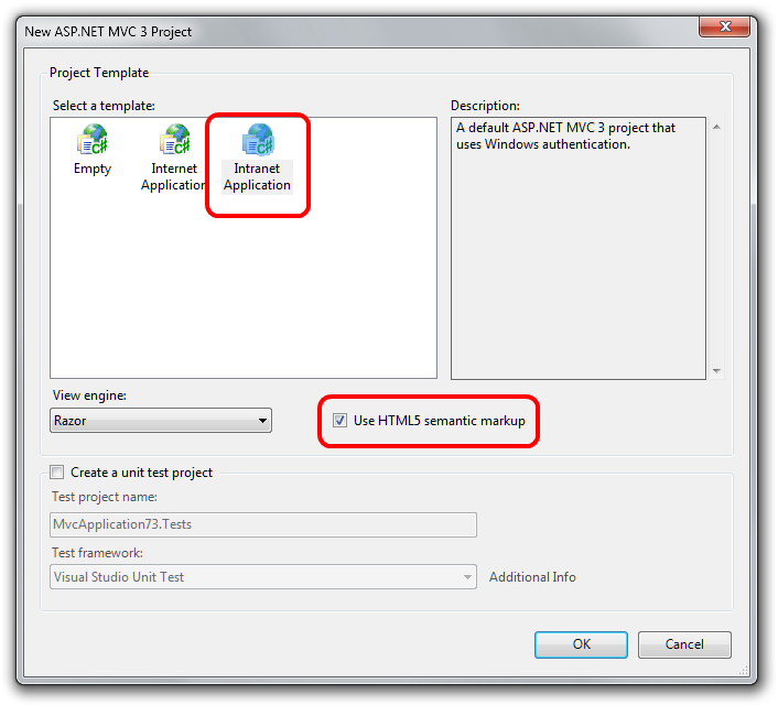 Schermopname van het dialoogvenster Nieuw project. Het pictogram Intranettoepassing en het selectievakje H T M L 5-semantische markeringen gebruiken zijn gemarkeerd.