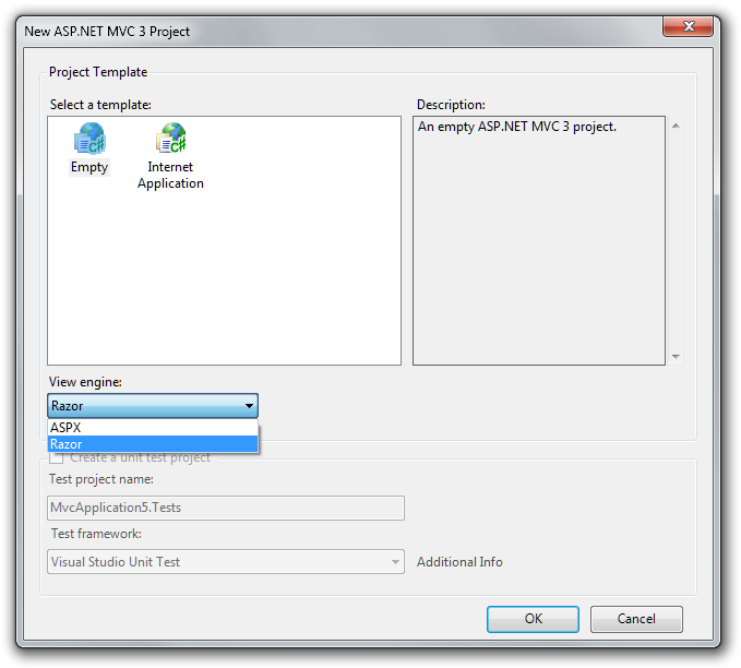 Schermopname van het dialoogvenster Nieuw project. Het menu voor de view engine is geopend en Razor is geselecteerd.