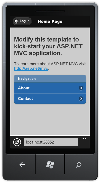 Schermopname van de weergave van de mobiele browser van de projectsjabloon voor mobiele toepassingen.