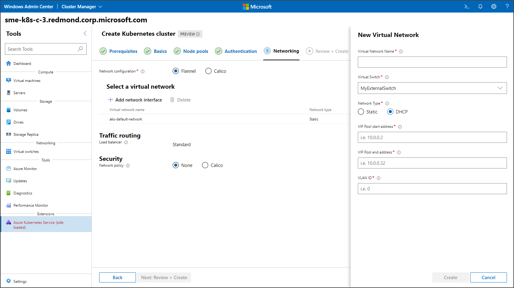 Schermopname van de pagina Netwerken, DHCP van de wizard Kubernetes-cluster.