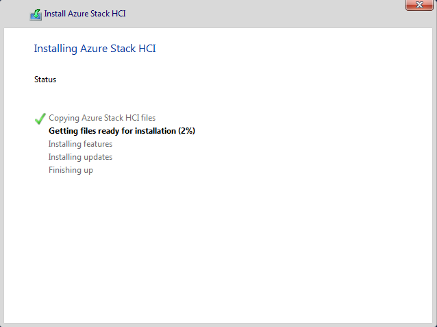 De statuspagina van de wizard Azure Stack HCI installeren.