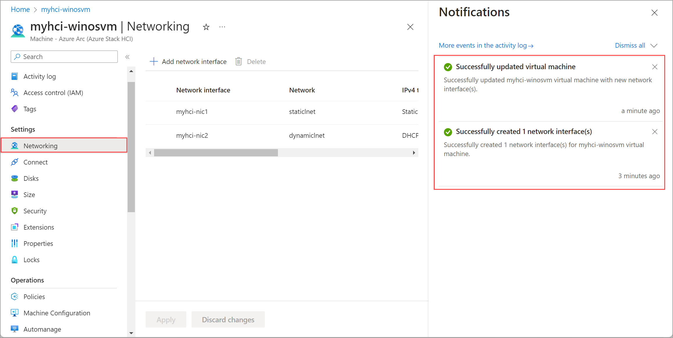 Schermopname van de bevestigingspagina voor het maken van de nieuwe netwerkinterface op de pagina Netwerken voor een VIRTUELE machine.