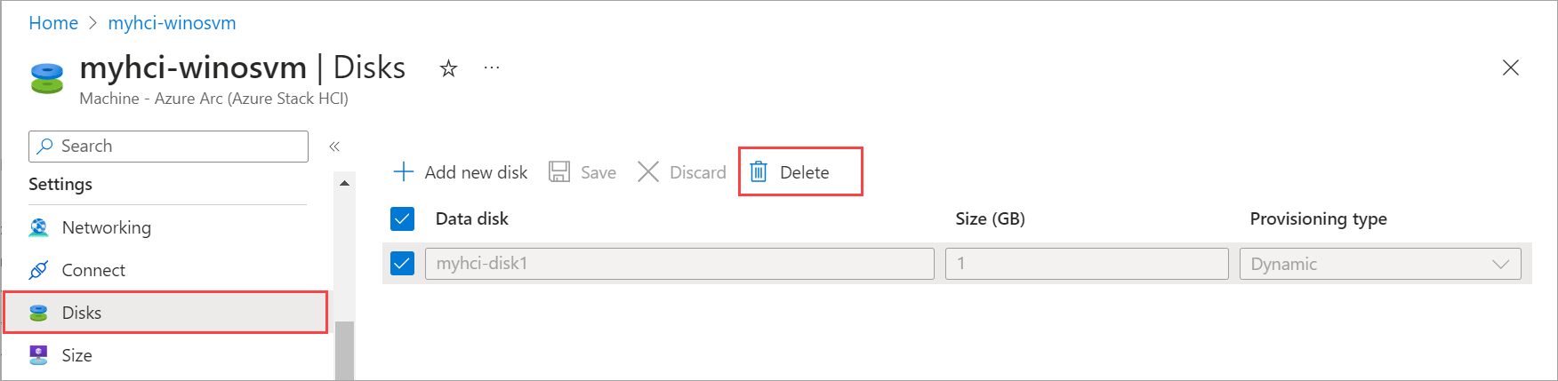 Schermopname van het pictogram Verwijderen geselecteerd voor de te verwijderen gegevensschijf.