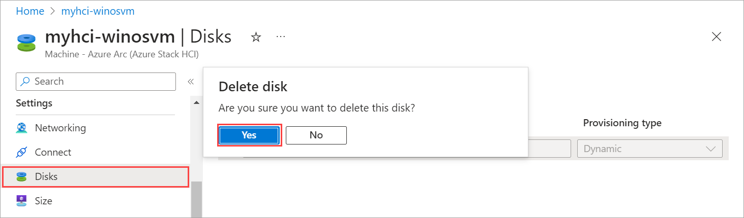 Schermopname van de bevestigingspagina voor het verwijderen van de gegevensschijf.