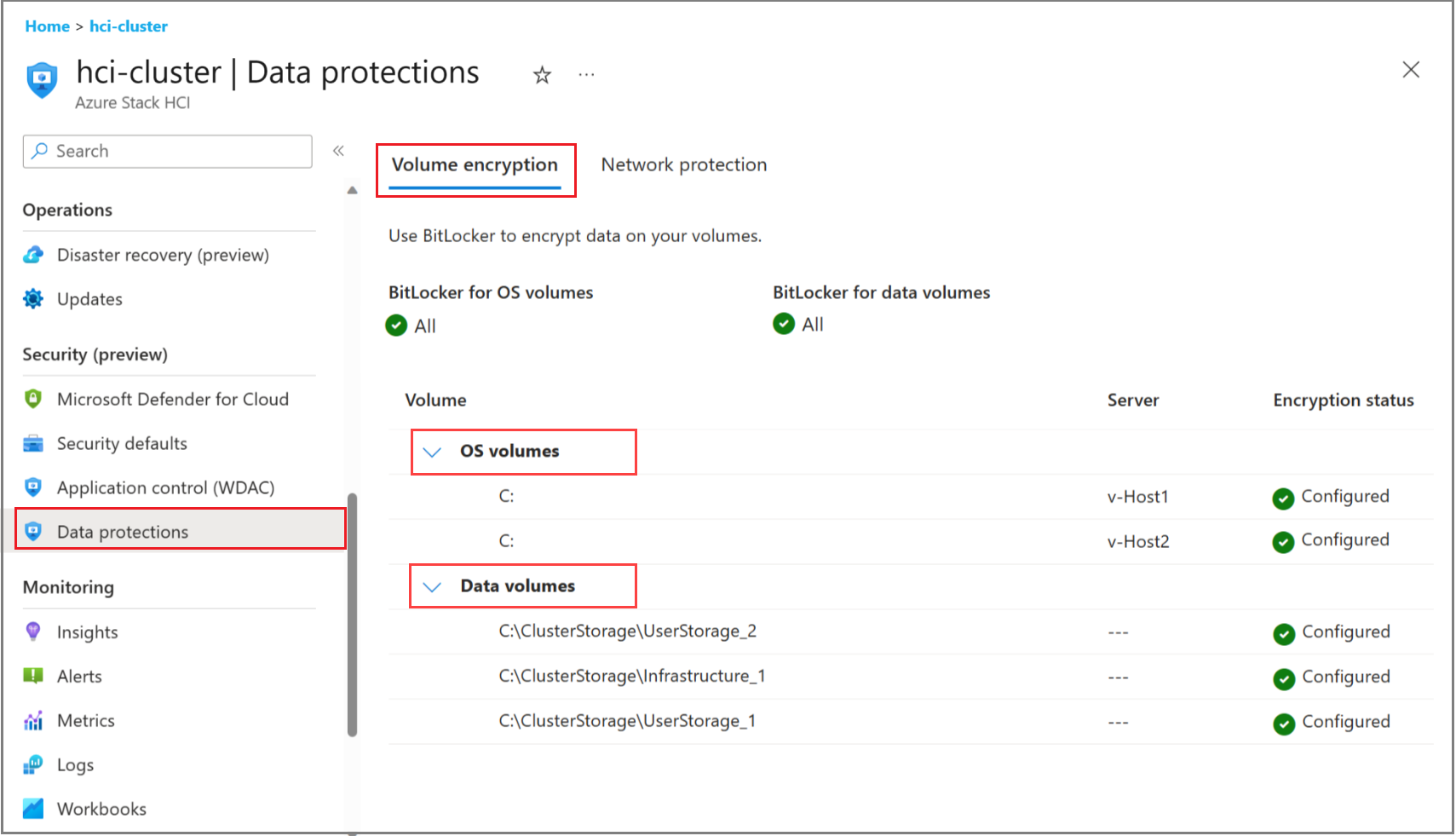 Schermopname van de pagina Gegevensbeveiliging voor volumeversleuteling op Azure Portal.