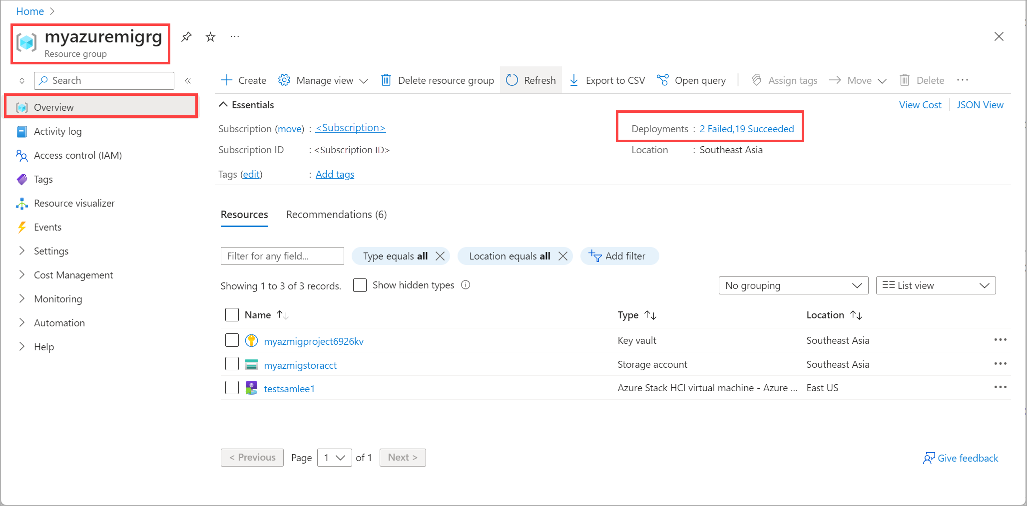 Schermopname van azure Migrate-projectresourcegroep > Overzicht in Azure Portal.