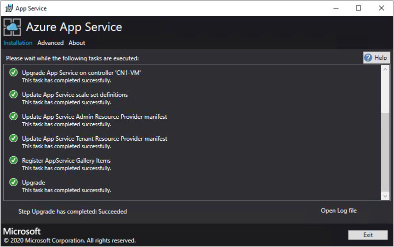 Schermopname van de implementatievoortgang in het App Service-installatieprogramma.