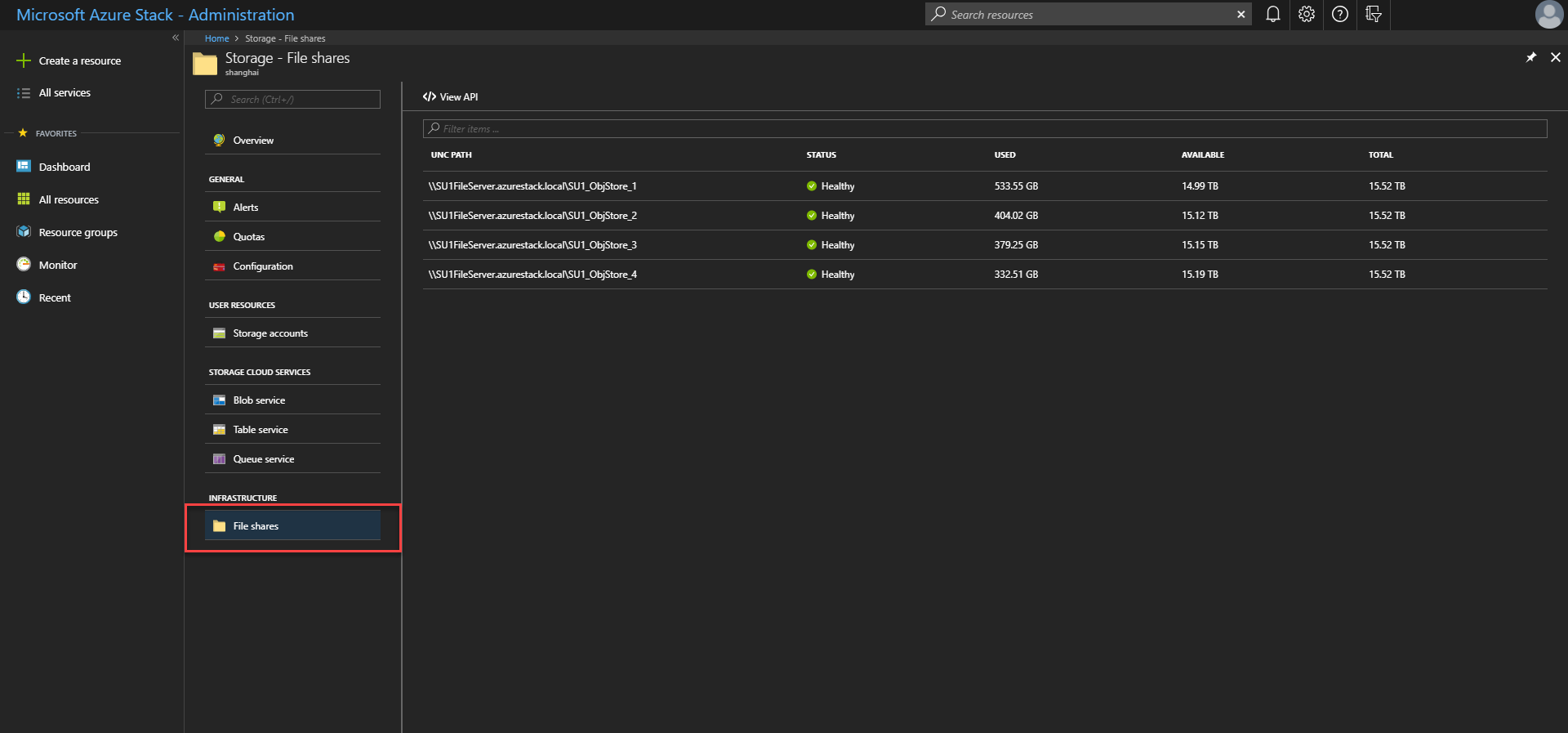 Voorbeeld: Schermopname van opslagbestandsshares in de Azure Stack Hub-beheerdersportal.