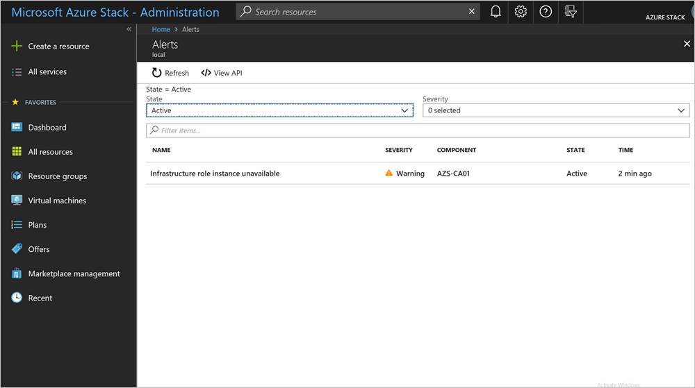 Filterdeelvenster om te filteren op kritieke status of waarschuwingsstatus in de Azure Stack Hub-beheerdersportal