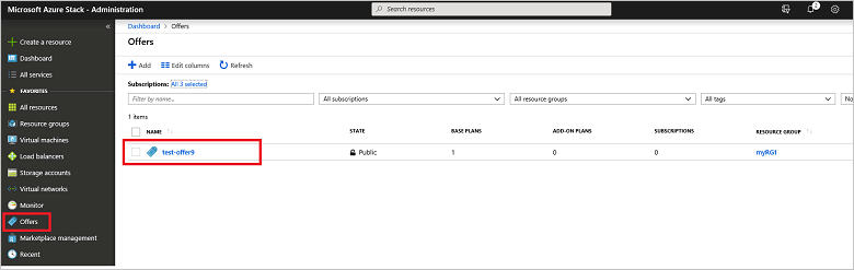 Schermopname die laat zien hoe u een aanbieding selecteert die u wilt bijwerken met een invoegtoepassingsplan in de Azure Stack-beheerportal.