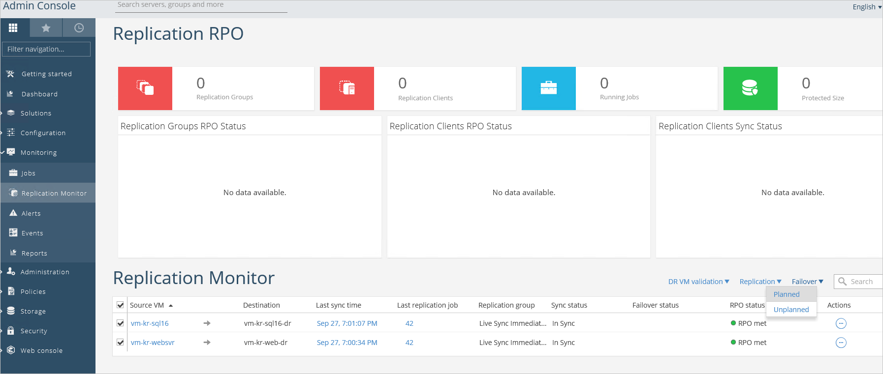 Op de pagina Replicatiecontrole van de Beheer Console worden geen gegevens weergegeven voor verschillende subpannen van het deelvenster Replicatie-RPO. In het deelvenster Replicatiecontrole worden twee VM's weergegeven. Voor elk van deze is er een rij met replicatiegegevens.