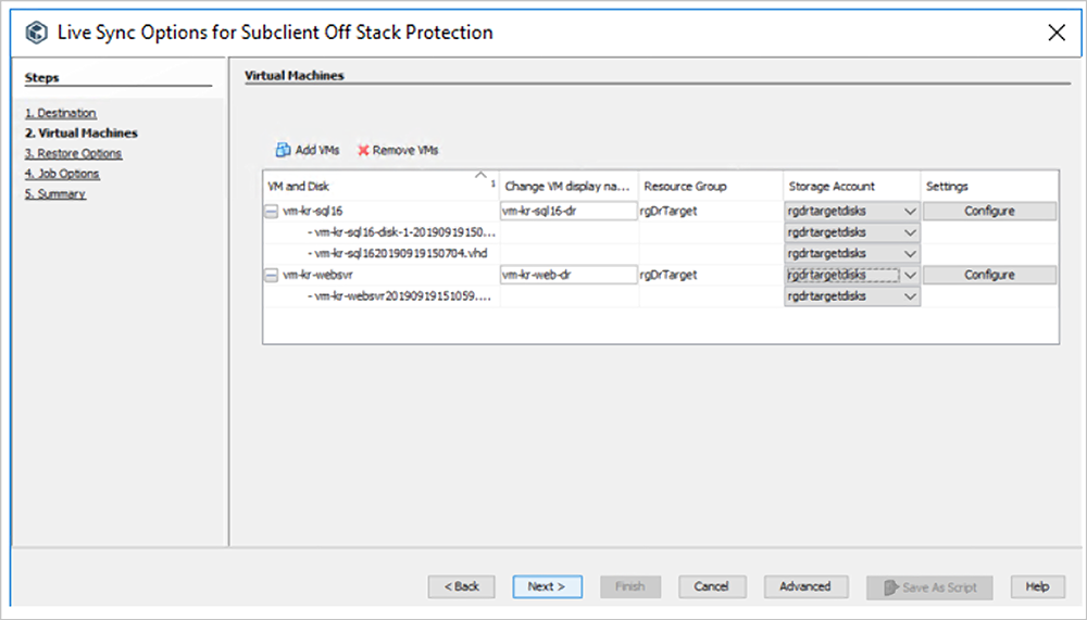 Met de Virtual Machines stap van de wizard Opties voor livesynchronisatie voor Subclient Off Stack Protection kunt u VM's toevoegen en verwijderen.