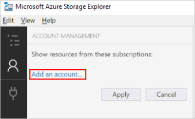 Schermopname van het toevoegen van een account in Storage Explorer.
