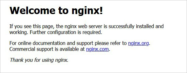De pagina Welkom bij nginx! geeft aan dat de nginx-webserver is geïnstalleerd en dat verdere configuratie is vereist. Er zijn twee koppelingen die leiden naar ondersteuningsinformatie.