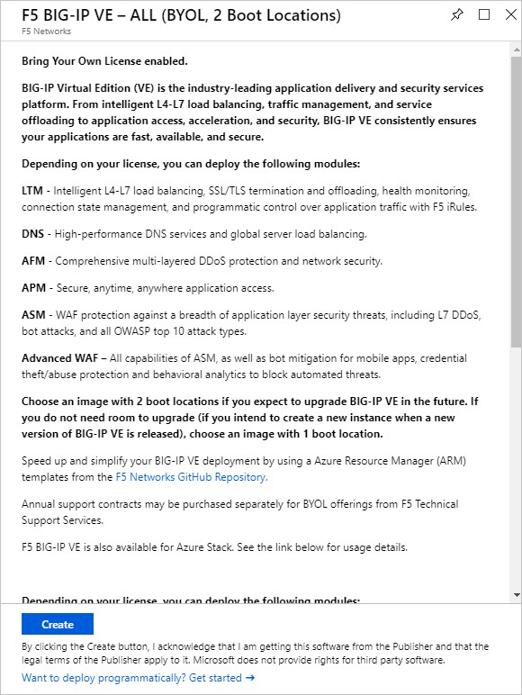 Het dialoogvenster 'F5 BIG-IP VE – ALL (BYOL, 2 opstartlocaties)' bevat informatie over BIG-IP VE en de modules die u kunt implementeren, afhankelijk van uw licentie. Er is een knop Maken.