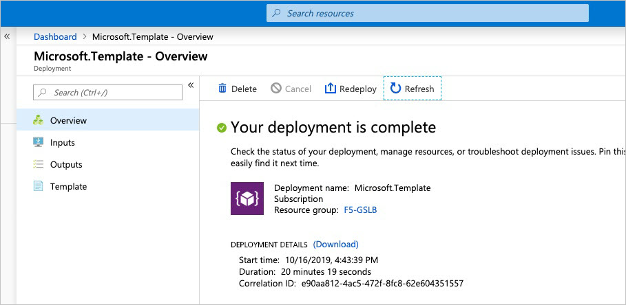 Op de pagina Overzicht van het dialoogvenster Microsoft.Template wordt 'Uw implementatie is voltooid' weergegeven en vindt u informatie over de implementatie.