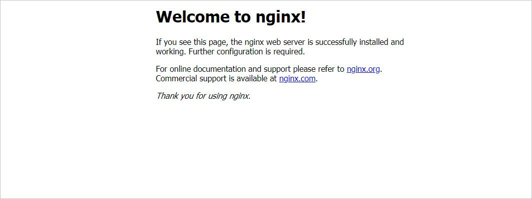 De pagina Welkom bij nginx! geeft aan dat de nginx-webserver is geïnstalleerd en dat verdere configuratie is vereist. Er zijn twee koppelingen die naar ondersteuningsinformatie leiden.