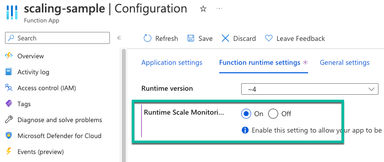 Schermopname van het gebied azure Portal voor het inschakelen van runtime-schaalaanpassing.